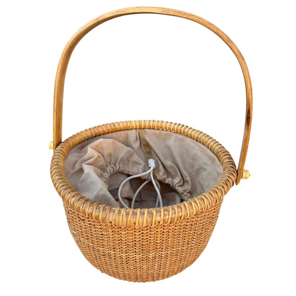 Nantucket Lightship Basket Wood  Handle Pocketed Lining 10" Tx6.75" D Handmade